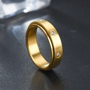 Gold Stainless Steel Spinner Ring Rotatable Fidget Band Cubic Zirconia Size 7